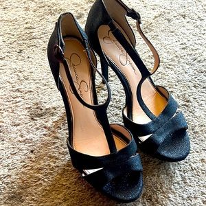 Jessica Simpson t strap sandal black sparkle suede heel 8.5 stiletto platform
